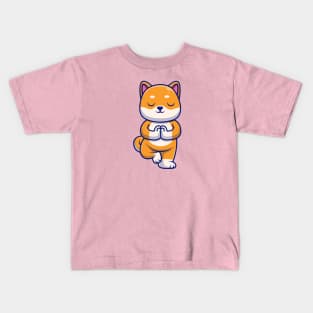 Cute Shiba Inu Dog Meditating Yoga Cartoon Kids T-Shirt